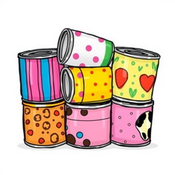 A whimsical and colorful drawing of six tin cans creatively stacked together