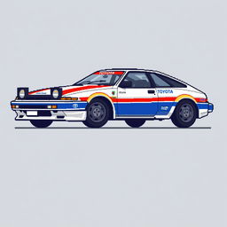 A detailed pixel art representation of a Toyota Celica rally car in a dynamic 3/4 view and side view, showcasing its iconic rounded body shape, distinctive front headlights, and sporty design features