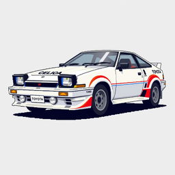 A detailed pixel art representation of a Toyota Celica rally car in a dynamic 3/4 view and side view, showcasing its iconic rounded body shape, distinctive front headlights, and sporty design features