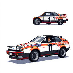 A detailed pixel art representation of a Toyota Celica rally car in a dynamic 3/4 view and side view, showcasing its iconic rounded body shape, distinctive front headlights, and sporty design features
