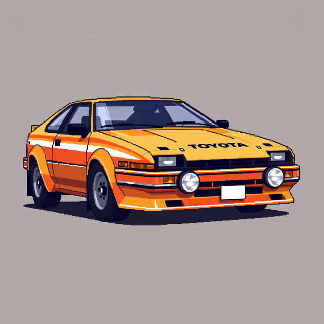 A detailed pixel art representation of a Toyota Celica rally car in a dynamic 3/4 view and side view, showcasing its iconic rounded body shape, distinctive front headlights, and sporty design features
