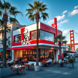 A KFC restaurant building in San Francisco, showcasing a modern KFC design integrated with the iconic San Francisco architecture
