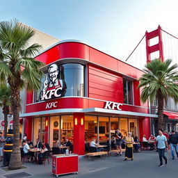 A KFC restaurant building in San Francisco, showcasing a modern KFC design integrated with the iconic San Francisco architecture