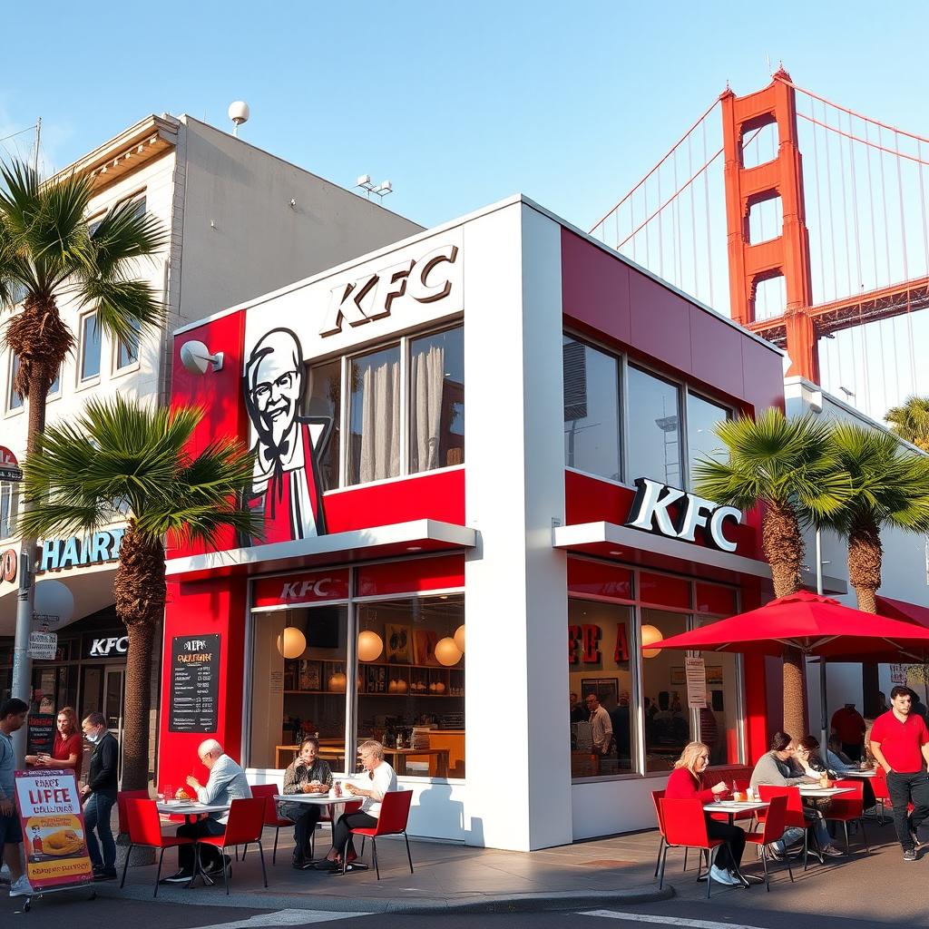A KFC restaurant building in San Francisco, showcasing a modern KFC design integrated with the iconic San Francisco architecture