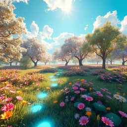 A serene and visually stunning virtual reality landscape, showcasing a peaceful meadow with vibrant flowers of various colors, surrounded by a dazzling array of digitally rendered trees with shimmering leaves