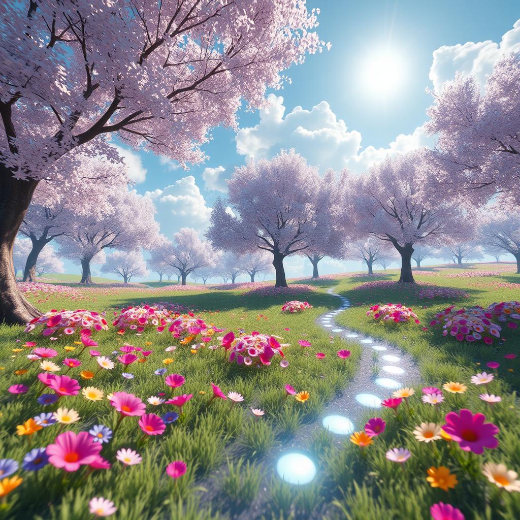 A serene and visually stunning virtual reality landscape, showcasing a peaceful meadow with vibrant flowers of various colors, surrounded by a dazzling array of digitally rendered trees with shimmering leaves