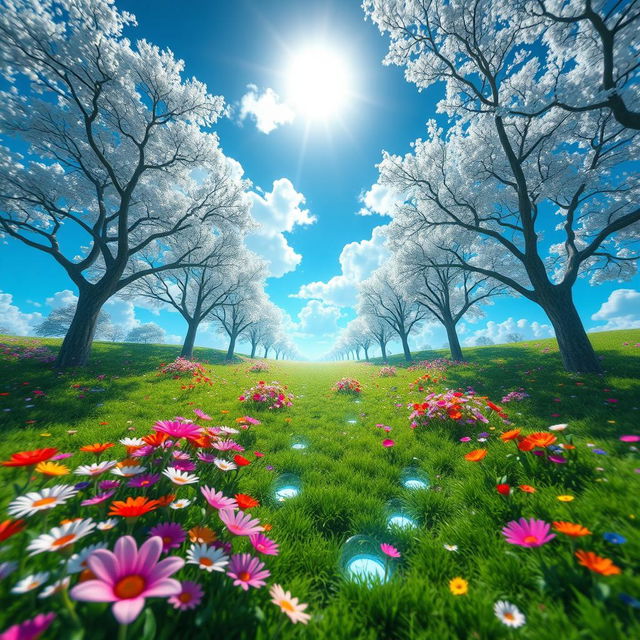A serene and visually stunning virtual reality landscape, showcasing a peaceful meadow with vibrant flowers of various colors, surrounded by a dazzling array of digitally rendered trees with shimmering leaves