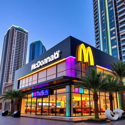 A McDonald's restaurant building located in Dubai, featuring a modern and sleek design that reflects the futuristic landscape of the city
