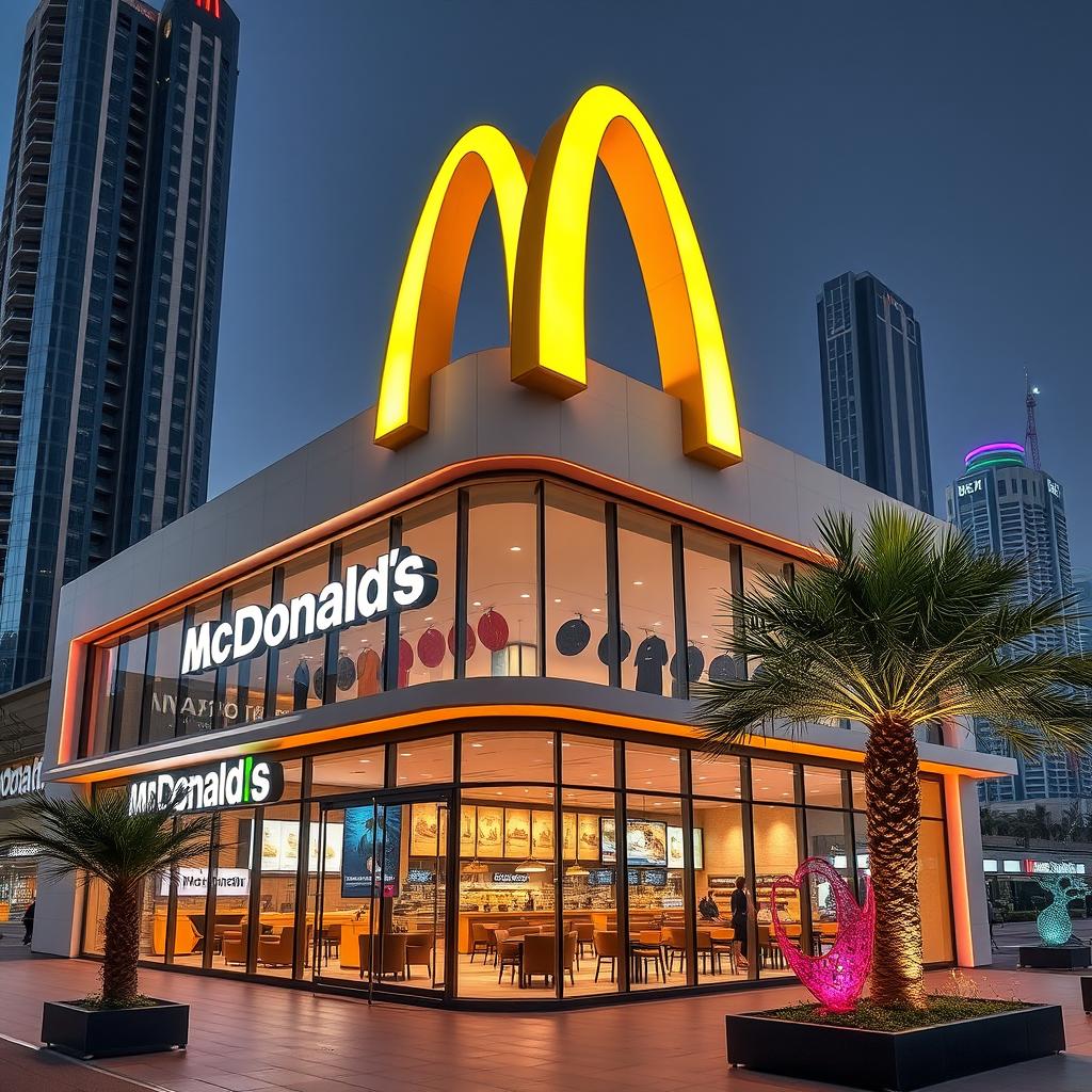 A McDonald's restaurant building located in Dubai, featuring a modern and sleek design that reflects the futuristic landscape of the city