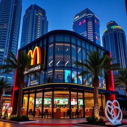 A McDonald's restaurant building located in Dubai, featuring a modern and sleek design that reflects the futuristic landscape of the city