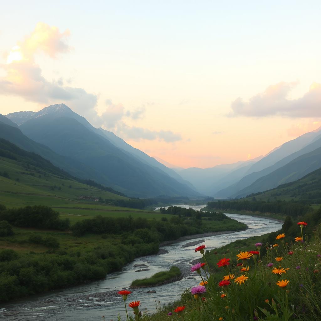 A serene and picturesque landscape featuring a tranquil river flowing through a lush green valley, surrounded by majestic mountains in the background