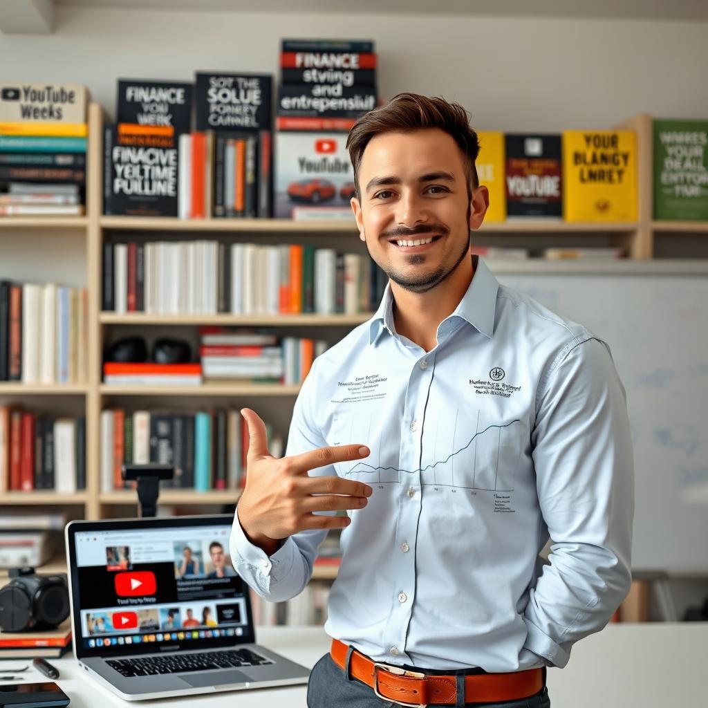 A confident business YouTuber, dressed in smart casual attire, standing in a modern office filled with books about finance and entrepreneurship