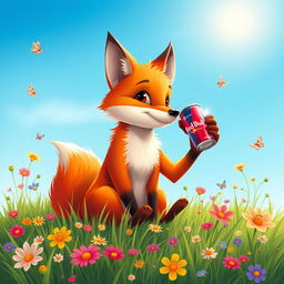 A playful fox sitting on a grassy meadow, sipping from a bright red can of Red Bull, surrounded by colorful wildflowers under a bright blue sky