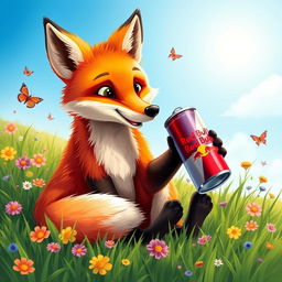 A playful fox sitting on a grassy meadow, sipping from a bright red can of Red Bull, surrounded by colorful wildflowers under a bright blue sky