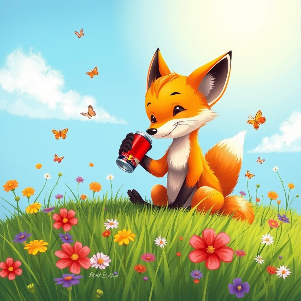 A playful fox sitting on a grassy meadow, sipping from a bright red can of Red Bull, surrounded by colorful wildflowers under a bright blue sky