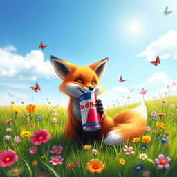 A playful fox sitting on a grassy meadow, sipping from a bright red can of Red Bull, surrounded by colorful wildflowers under a bright blue sky