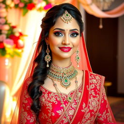 A beautifully dressed bride in a traditional bridal outfit, showcasing intricate embroidery and vibrant colors