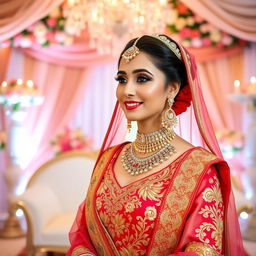 A beautifully dressed bride in a traditional bridal outfit, showcasing intricate embroidery and vibrant colors