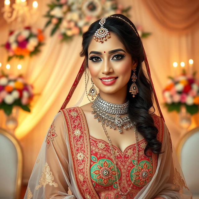 A beautifully dressed bride in a traditional bridal outfit, showcasing intricate embroidery and vibrant colors