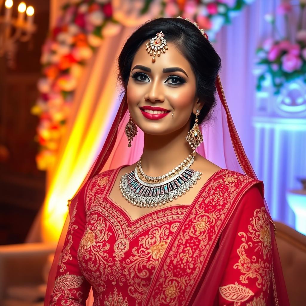 A beautifully dressed bride in a traditional bridal outfit, showcasing intricate embroidery and vibrant colors