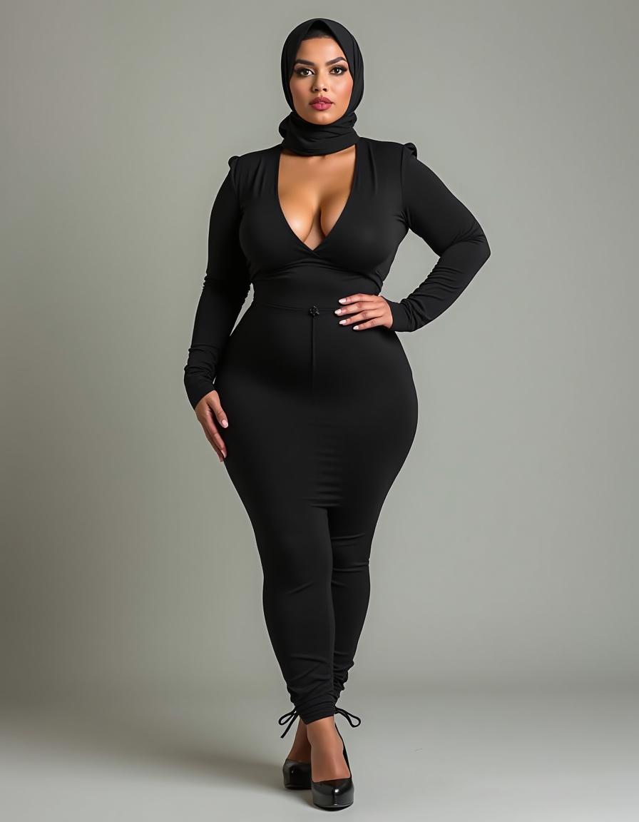 A full-body photo of a 46-year-old Slavic secretary, elegantly dressed in a tight bra and a dark, form-fitting dress that accentuates her curves