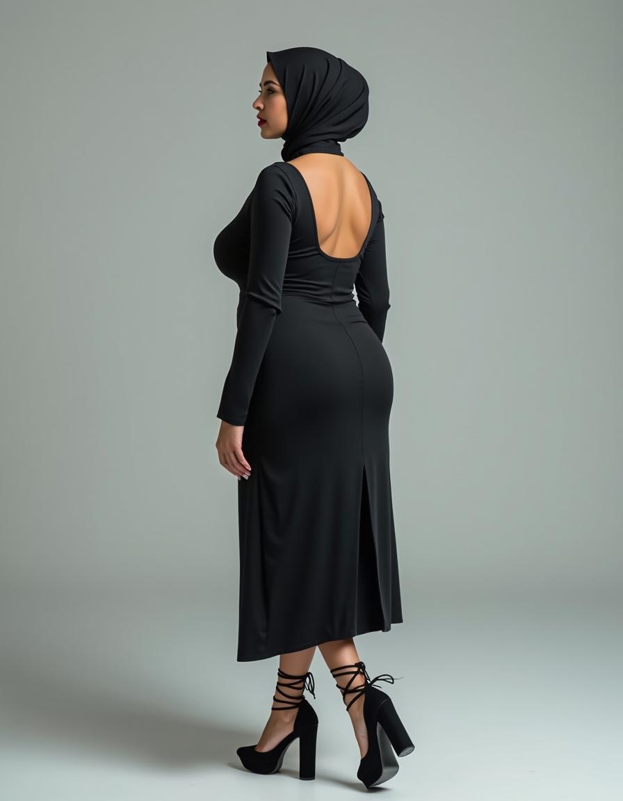 A full-body photo of a 46-year-old Slavic secretary, styled with an emphasis on her figure
