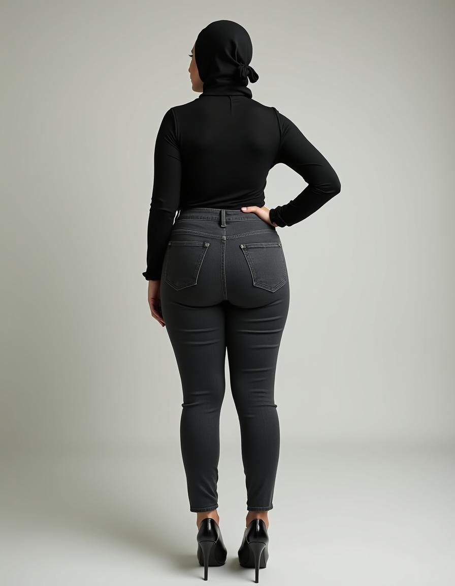 A full-body photo capturing the back view of a 46-year-old Slavic secretary, dressed in a tight black top that accentuates her figure