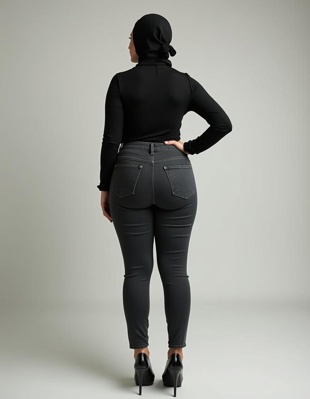 A full-body photo capturing the back view of a 46-year-old Slavic secretary, dressed in a tight black top that accentuates her figure