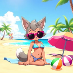 A young, animated character resembling an anthropomorphic wolf, inspired by Loona from the animated series, at a beach setting