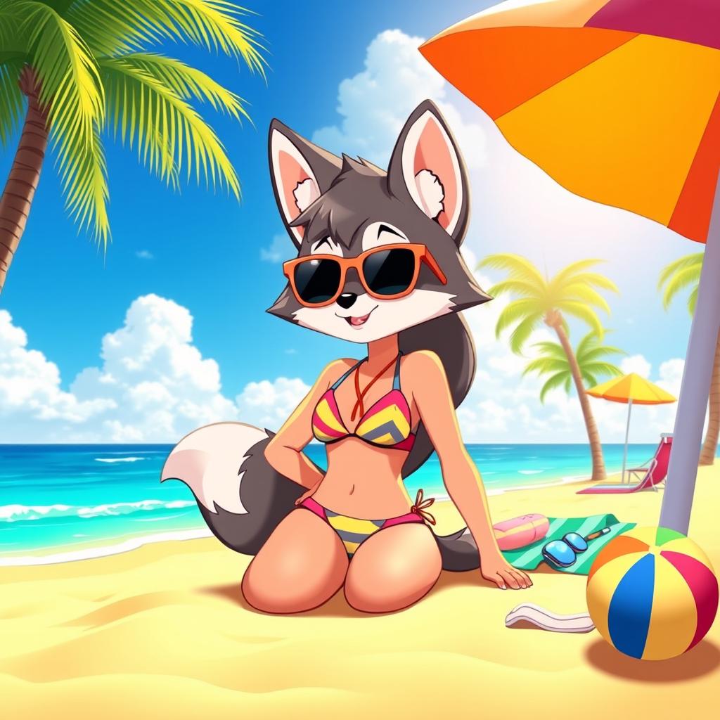 A young, animated character resembling an anthropomorphic wolf, inspired by Loona from the animated series, at a beach setting