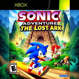 A dynamic and colorful cover art for an Xbox game titled 'Sonic Adventure of The Lost Ark'