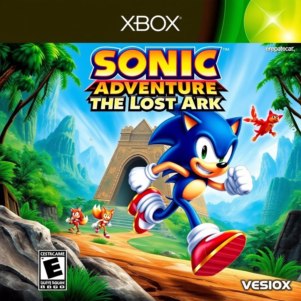 A dynamic and colorful cover art for an Xbox game titled 'Sonic Adventure of The Lost Ark'