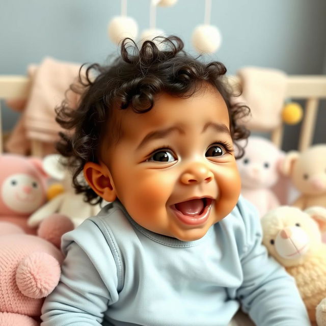 A cute 9-month-old baby named Erick Emmanuel, with big bright eyes and a joyful expression, surrounded by soft pastel-colored toys in a cozy nursery