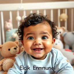 A cute 9-month-old baby named Erick Emmanuel, with big bright eyes and a joyful expression, surrounded by soft pastel-colored toys in a cozy nursery