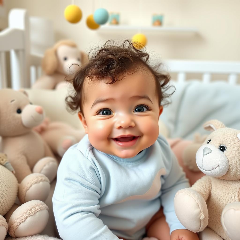 A cute 9-month-old baby named Erick Emmanuel, with big bright eyes and a joyful expression, surrounded by soft pastel-colored toys in a cozy nursery