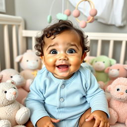 A cute 9-month-old baby named Erick Emmanuel, with big bright eyes and a joyful expression, surrounded by soft pastel-colored toys in a cozy nursery