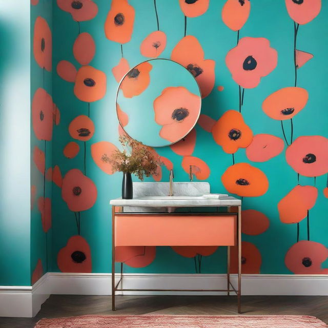 A bathroom vanity mounted on a wall, set against a backdrop of turquoise and dark salmon abstract print wallpaper, inspired by Andy Warhol's style. A vase with assorted flowers sits on the vanity.