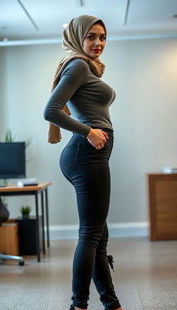A full body portrait of a 46-year-old Slavic woman as a secretary, viewed from the back