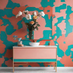 A bathroom vanity mounted on a wall, set against a backdrop of turquoise and dark salmon abstract print wallpaper, inspired by Andy Warhol's style. A vase with assorted flowers sits on the vanity.