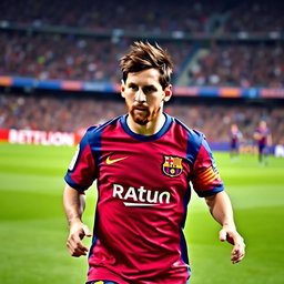 A portrait of Lionel Messi, the famous Argentinian footballer, captured in action on the soccer field, wearing his iconic FC Barcelona jersey