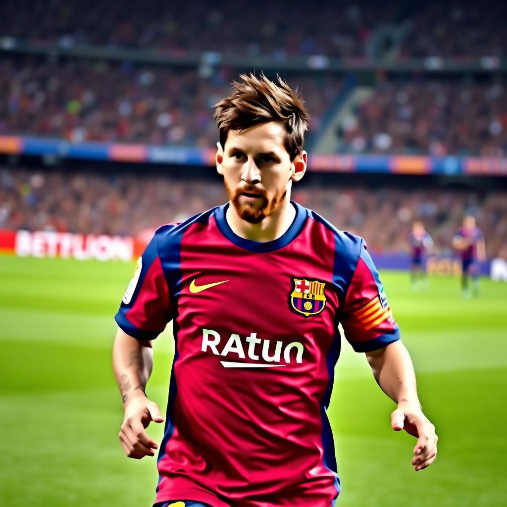 A portrait of Lionel Messi, the famous Argentinian footballer, captured in action on the soccer field, wearing his iconic FC Barcelona jersey