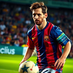 A portrait of Lionel Messi, the famous Argentinian footballer, captured in action on the soccer field, wearing his iconic FC Barcelona jersey
