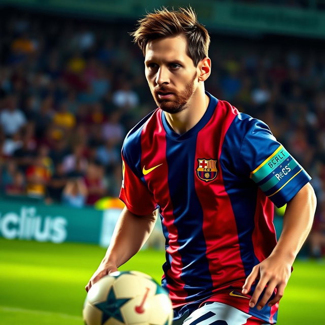 A portrait of Lionel Messi, the famous Argentinian footballer, captured in action on the soccer field, wearing his iconic FC Barcelona jersey