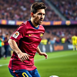 A portrait of Lionel Messi, the famous Argentinian footballer, captured in action on the soccer field, wearing his iconic FC Barcelona jersey