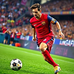 A portrait of Lionel Messi, the famous Argentinian footballer, captured in action on the soccer field, wearing his iconic FC Barcelona jersey