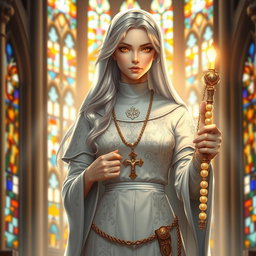A noble and devout female figure dressed in a modified nun's habit adorned with intricate silver patterns and holy symbols