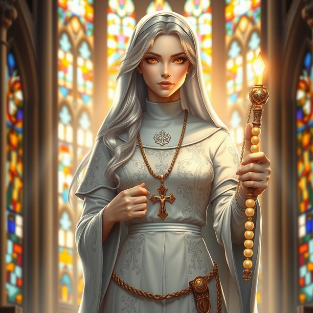 A noble and devout female figure dressed in a modified nun's habit adorned with intricate silver patterns and holy symbols