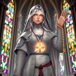 A noble and devout female figure dressed in a modified nun's habit adorned with intricate silver patterns and holy symbols