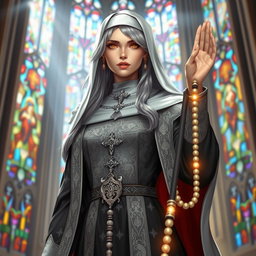 A noble and devout female figure dressed in a modified nun's habit adorned with intricate silver patterns and holy symbols