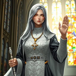 A noble and devout female figure dressed in a modified nun's habit adorned with intricate silver patterns and holy symbols